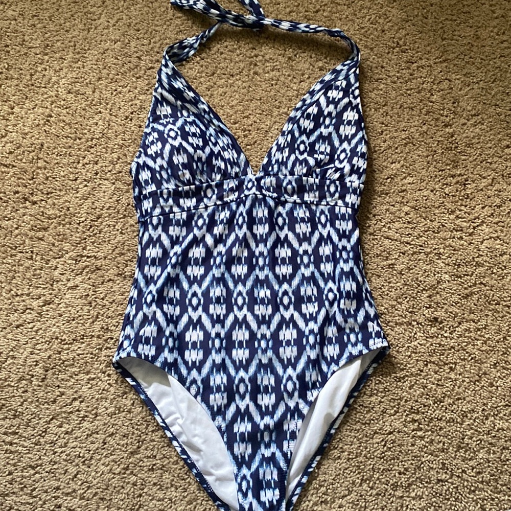 Old Navy Navy and White Ikat Halter One-Piece Swimsuit